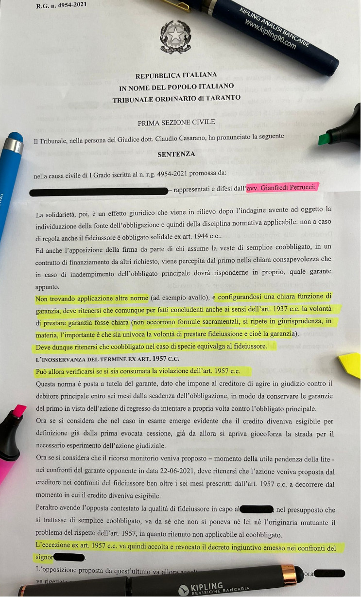 Sentenza revoca del decreto ingiuntivo per la cessione del credito nei confronti del fideiussore
